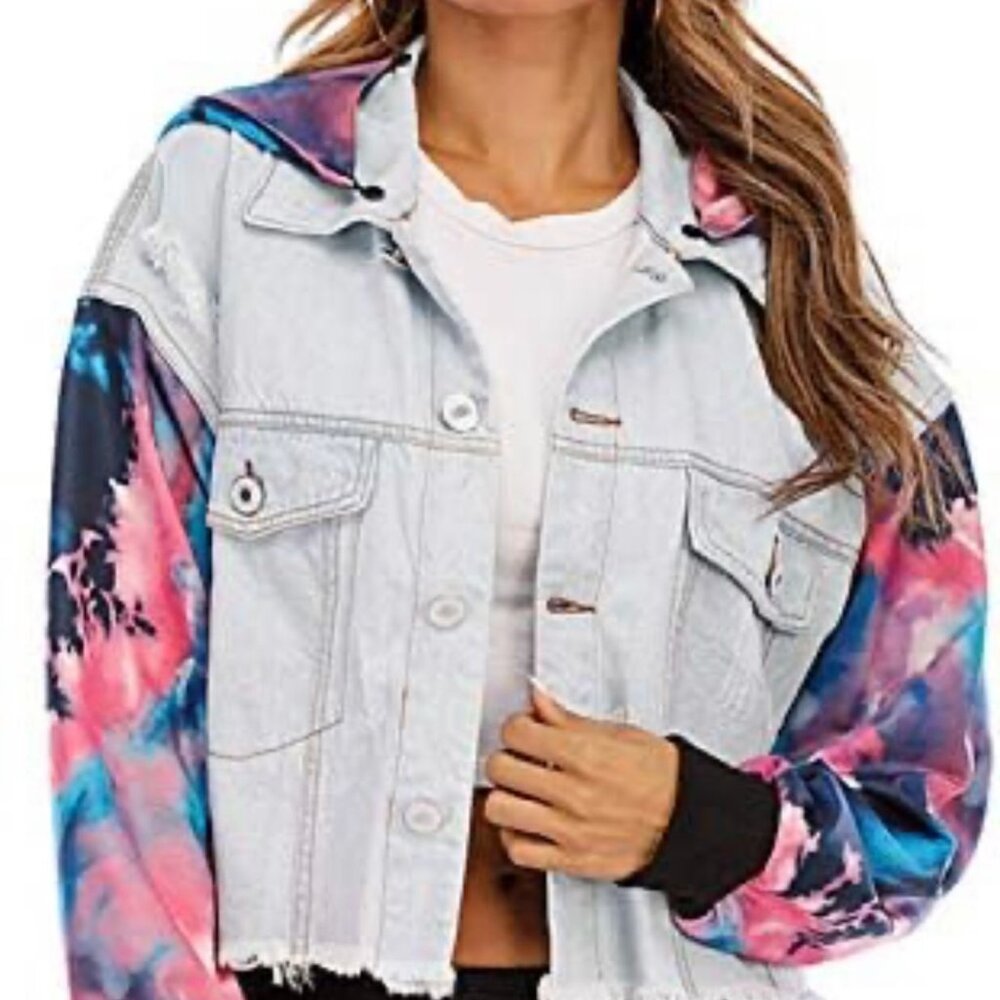 C+D+M Womensโ Crop Denim Jacket With Tie-Dye Sleeves & Hood detachable